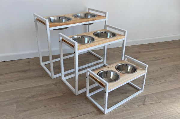 Dog Bowls Stand with adjustable height Loft White Natural Wood