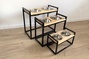 Dog Bowls Stand with adjustable height Loft Black Natural Wood