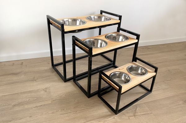Dog Bowls Stand with adjustable height Loft Black Natural Wood